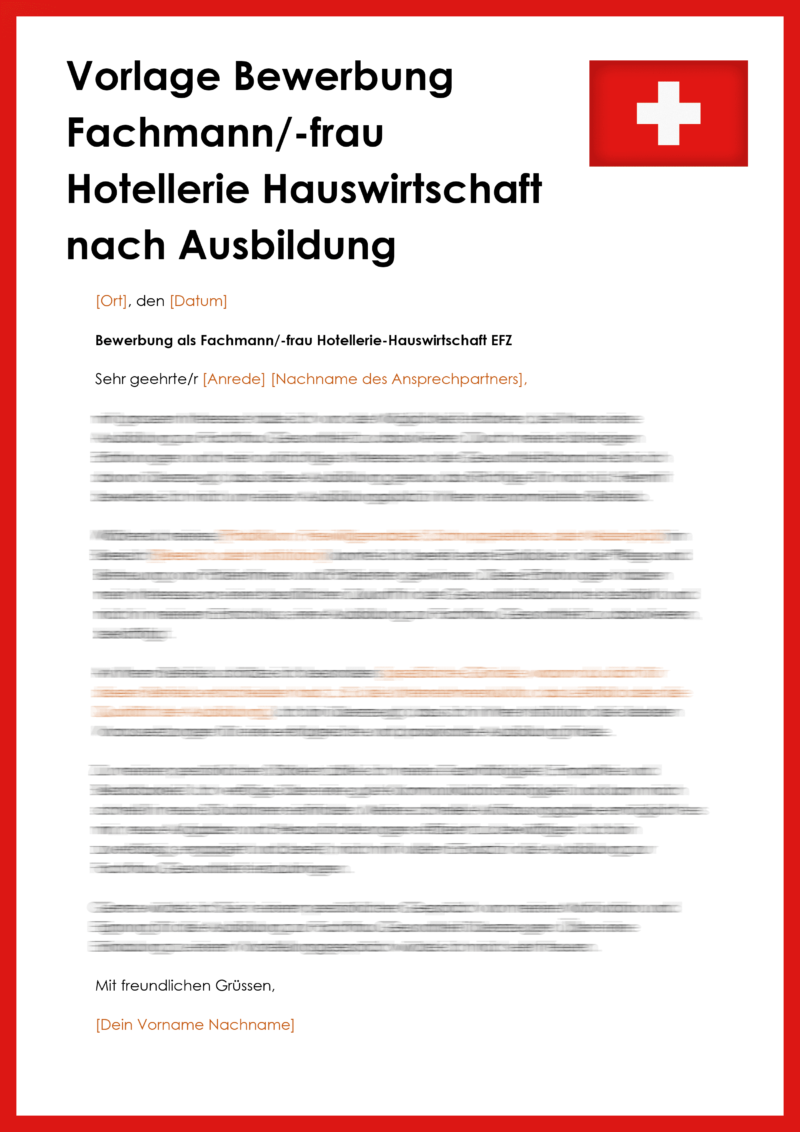 Vorlage Bewerbung Fachmann Hauswirtschaft EFZ nach Ausbildung Schweiz